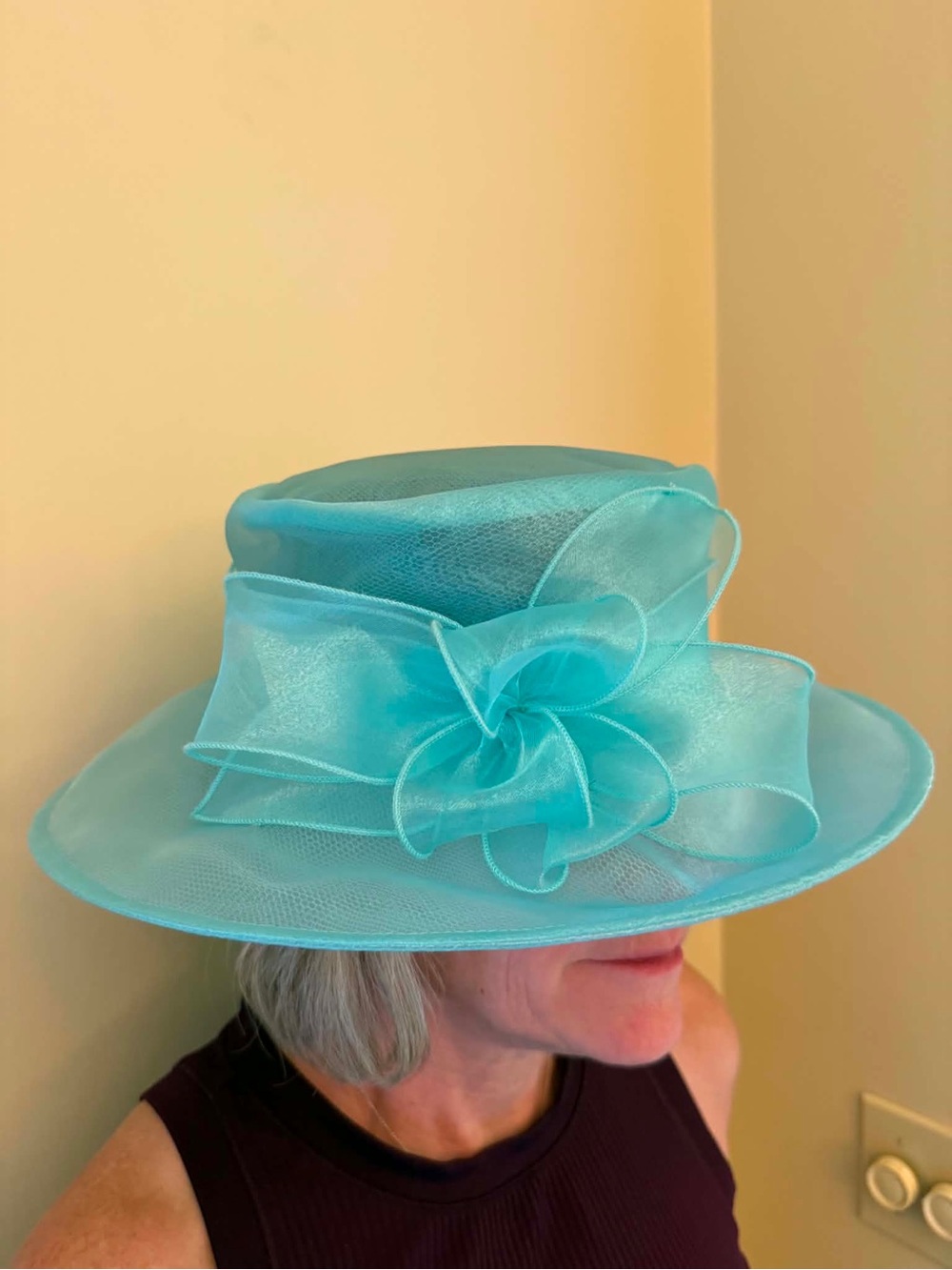 Josette Aqua Wide-Brim Organza Hat with Floral Accent